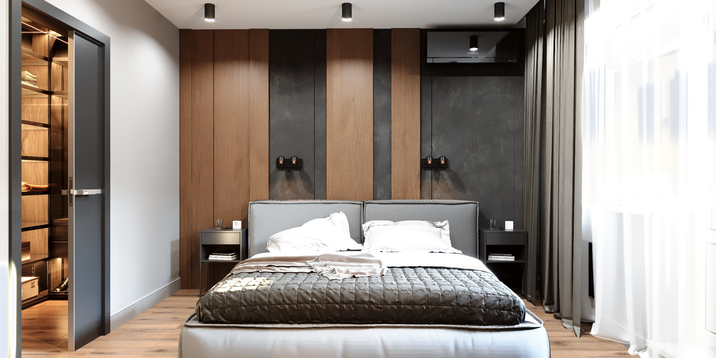 Интерьер спальни с бра над кроватью, подсветкой настенной, подсветкой светодиодной и светильниками над кроватью в современном стиле и в стиле лофт