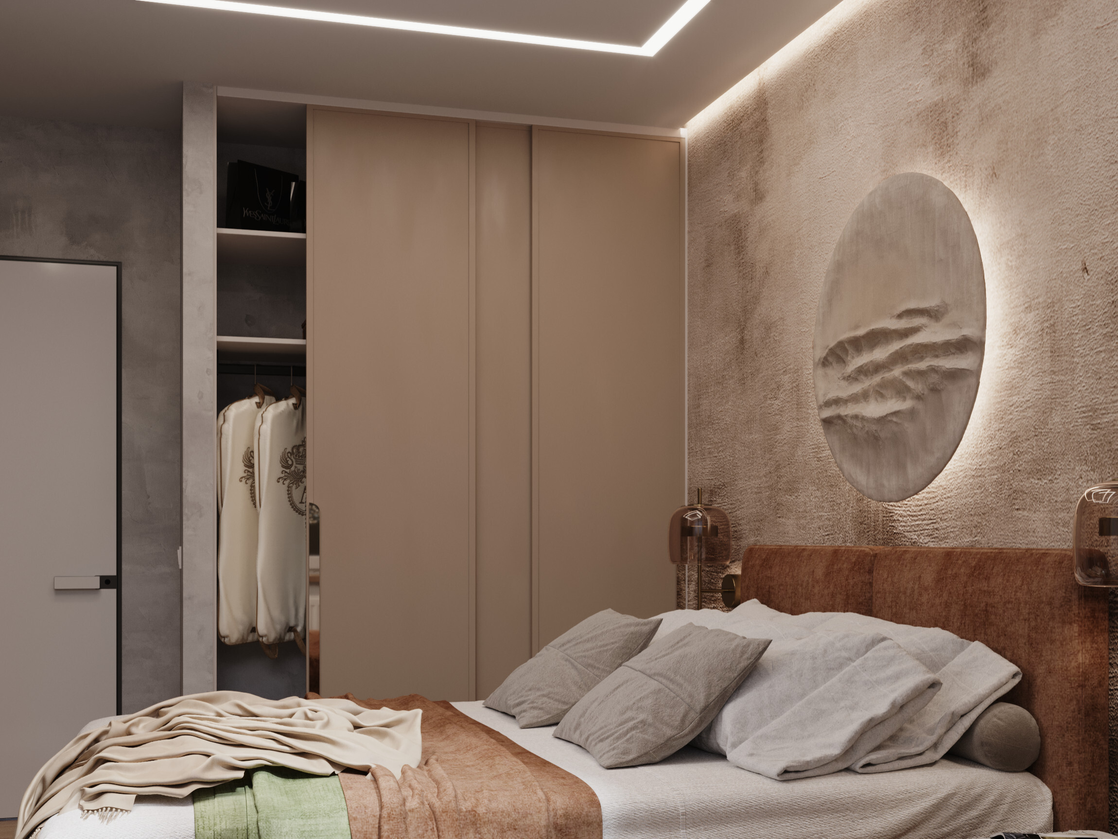 Интерьер спальни с нишей с подсветкой, световыми линиями, подсветкой настенной, подсветкой светодиодной, светильниками над кроватью и с подсветкой в современном стиле