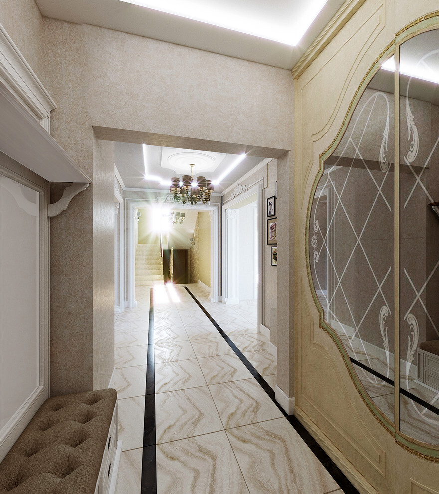 Интерьер коридора с проходной, проемом, зеркалом на двери и каретной стяжкой в барокко