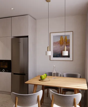 Интерьер кухни cветильниками над столом  смотреть на Basicdecor