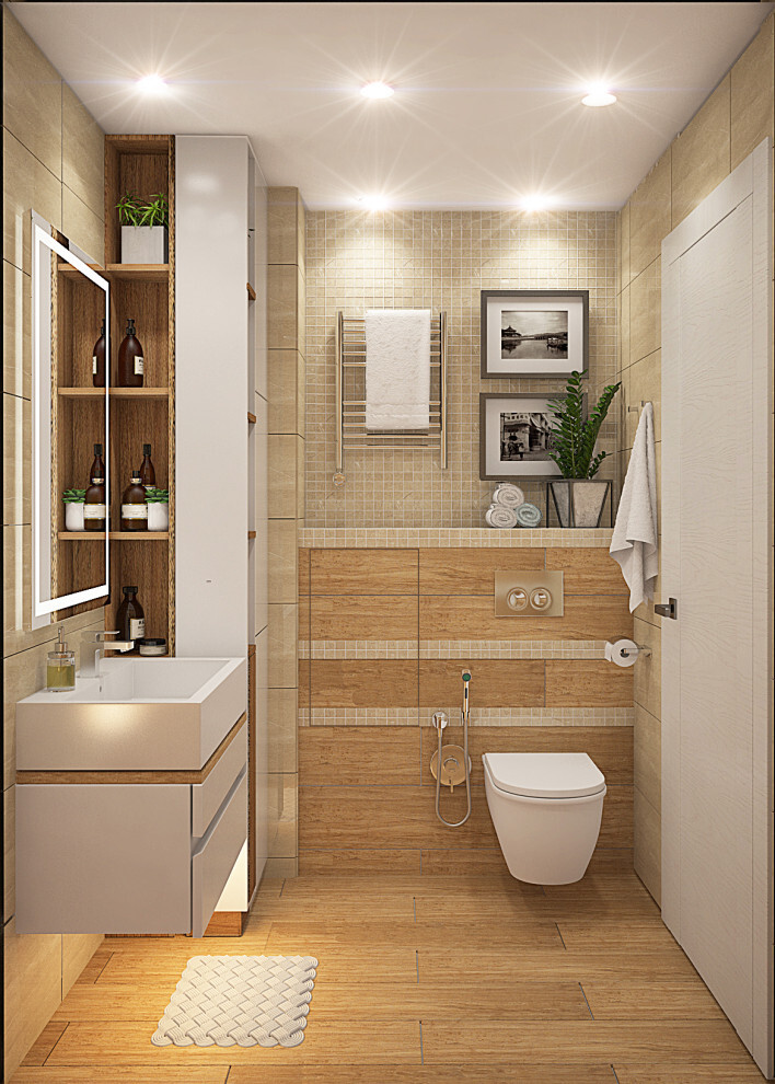 Интерьер ванной cовмещенным санузлом в современном стиле, в стиле лофт и в стиле кантри