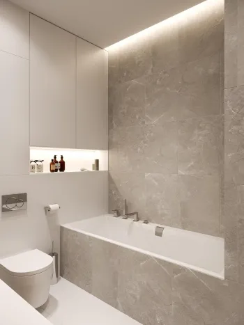 Интерьер ванной с нишей из плитки и нишей с подсветкой  смотреть на Basicdecor