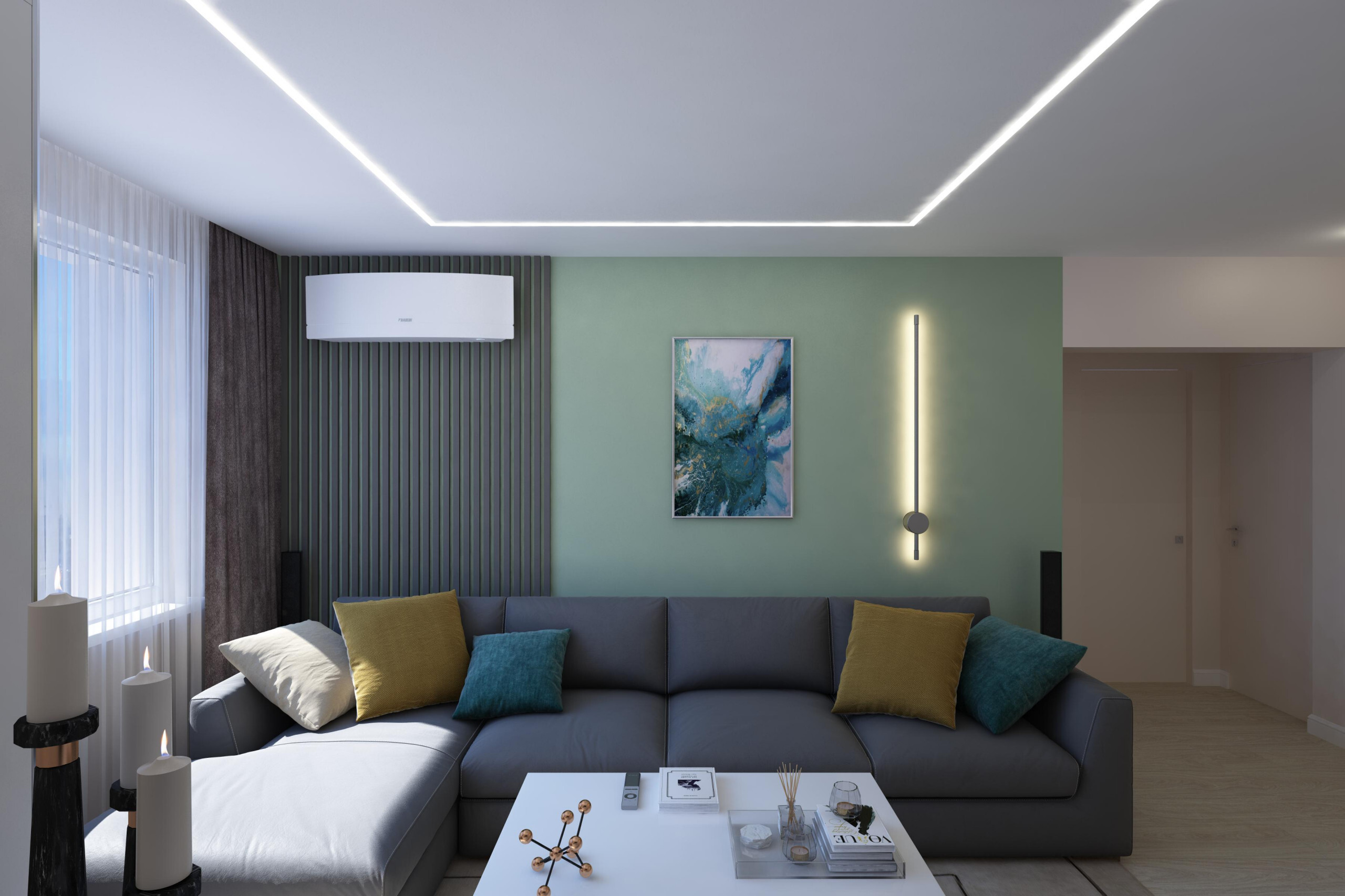 Интерьер гостиной с нишей с подсветкой, световыми линиями, подсветкой настенной, подсветкой светодиодной и с подсветкой в современном стиле