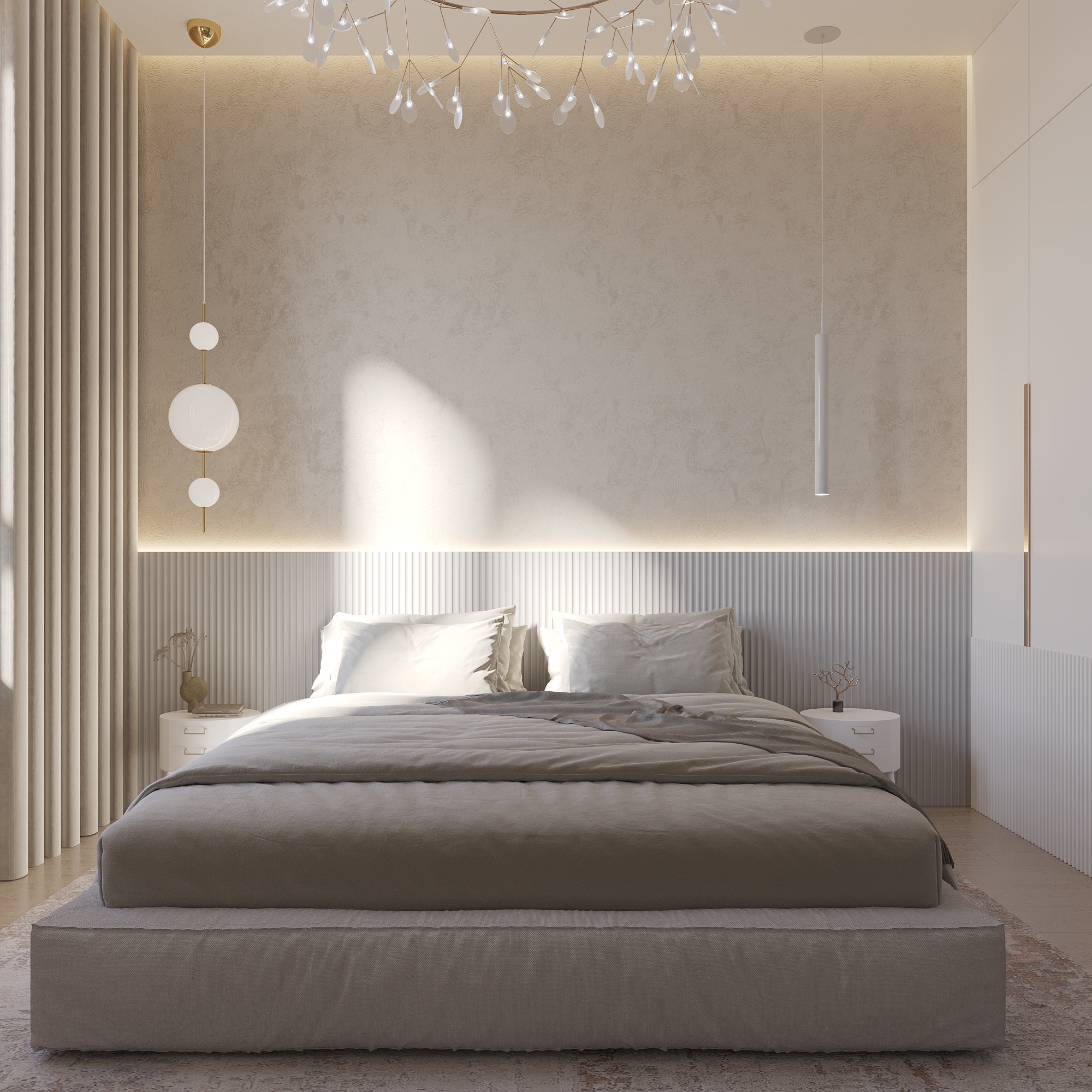 Интерьер спальни с бра над кроватью, светильниками над кроватью и с подсветкой