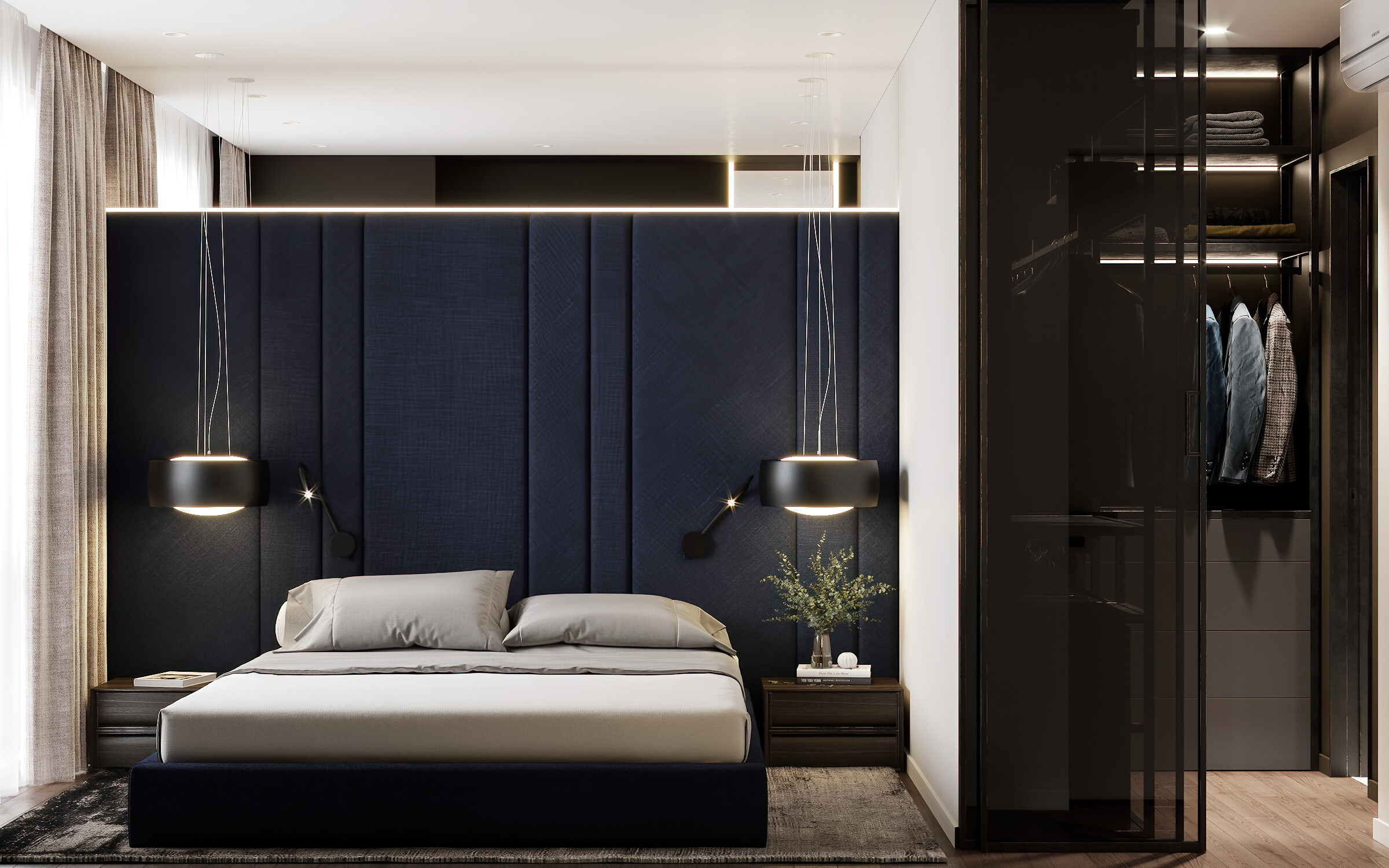 Интерьер спальни с рейками с подсветкой, бра над кроватью, подсветкой настенной, подсветкой светодиодной и светильниками над кроватью в современном стиле