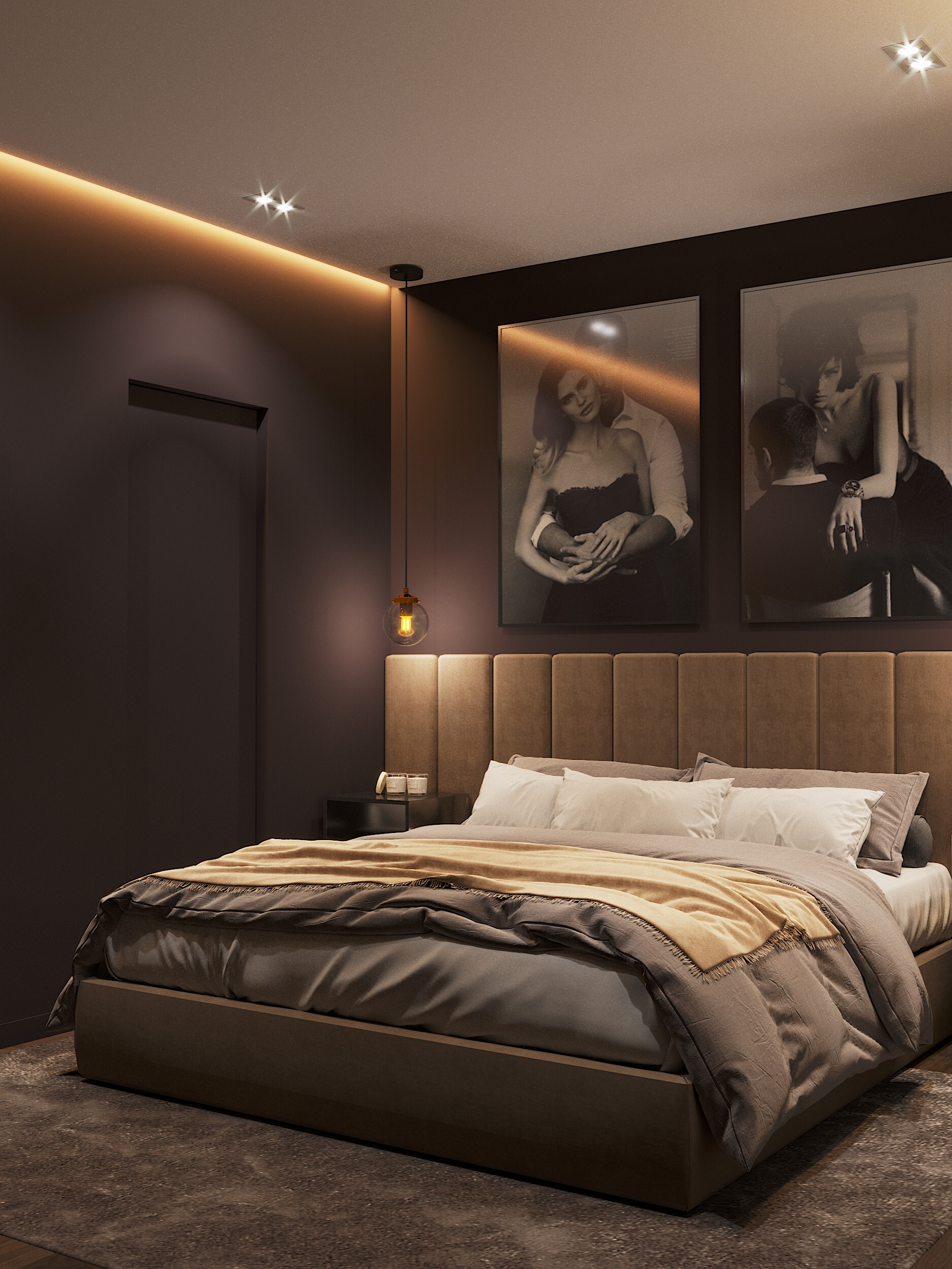 Интерьер спальни с нишей с подсветкой, подсветкой настенной, подсветкой светодиодной, светильниками над кроватью и с подсветкой в современном стиле