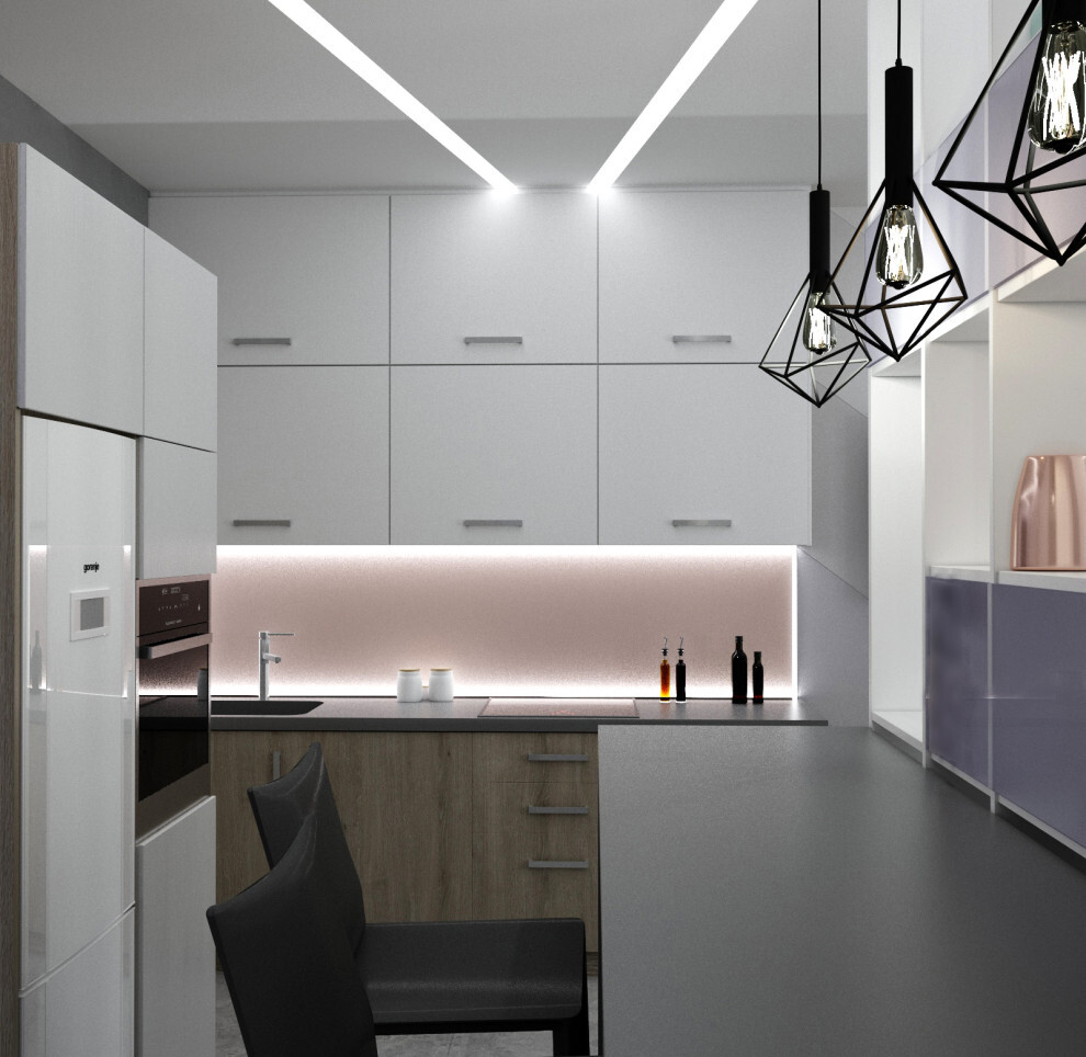 Интерьер кухни с нишей с подсветкой, световыми линиями, рейками с подсветкой, подсветкой настенной, подсветкой светодиодной и с подсветкой