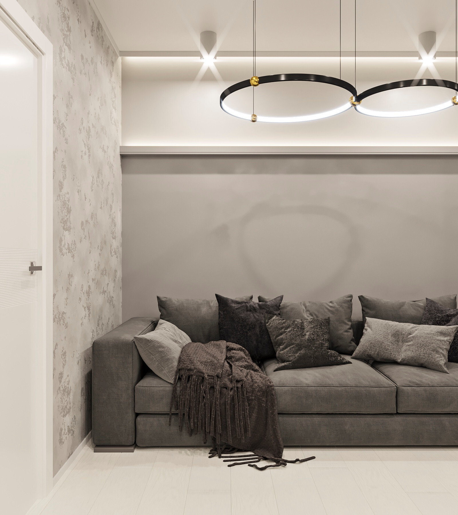 Интерьер гостиной с рейками с подсветкой, подсветкой настенной, подсветкой светодиодной, светильниками над кроватью и с подсветкой в современном стиле