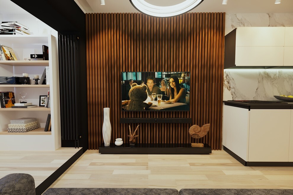 Интерьер cтеной с телевизором, телевизором на рейках, керамогранитом на стену с телевизором и рейками с подсветкой в современном стиле