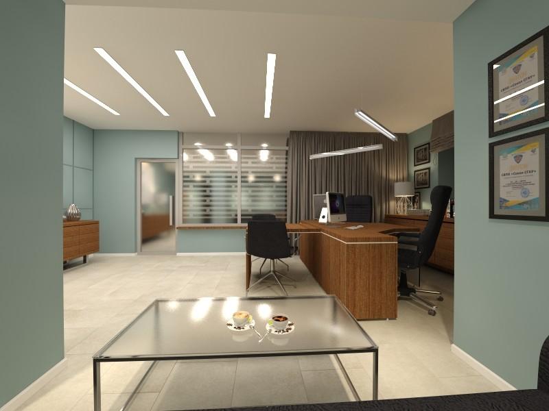 Интерьер кабинета c рабочим местом, световыми линиями, рейками с подсветкой, подсветкой настенной и подсветкой светодиодной в современном стиле