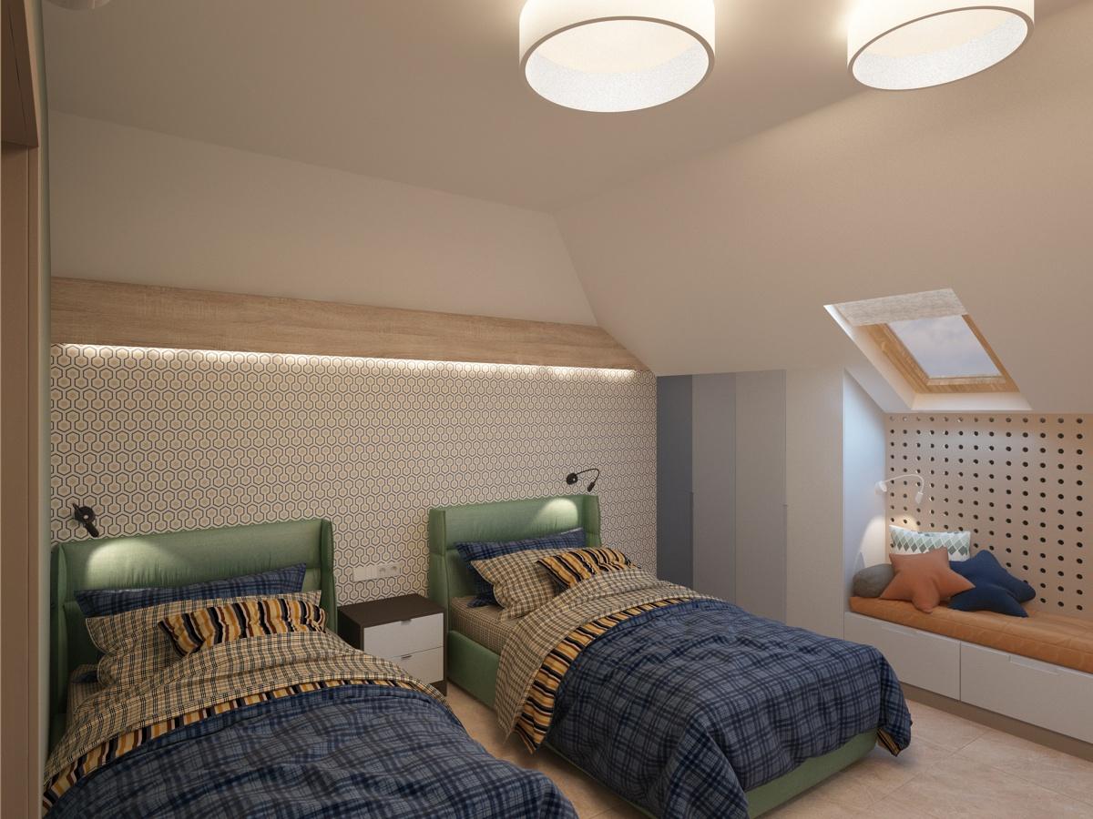 Интерьер спальни с нишей с подсветкой, рейками с подсветкой, подсветкой настенной, подсветкой светодиодной, светильниками над кроватью и с подсветкой
