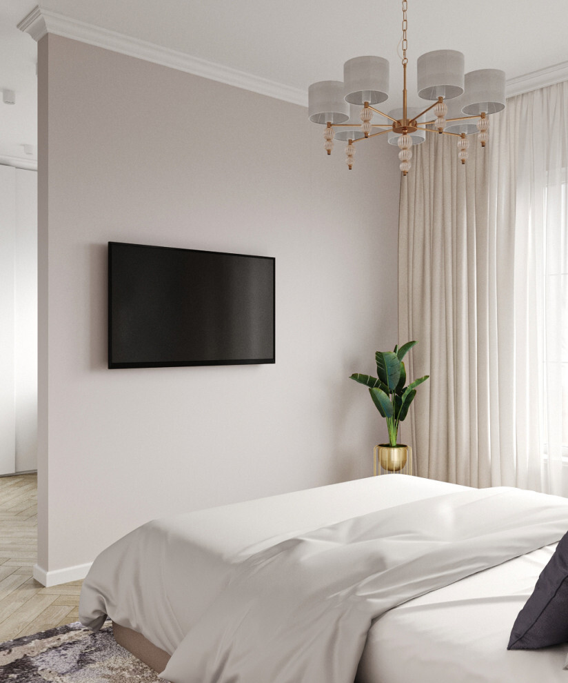 Интерьер спальни cтеной с телевизором, телевизором на стене и нишей для телевизора