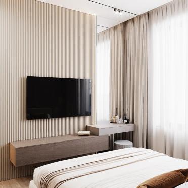 Интерьер спальни с телевизором на рейках и телевизором на стене  смотреть на Basicdecor