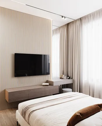 Интерьер спальни с телевизором на рейках и телевизором на стене  смотреть на Basicdecor