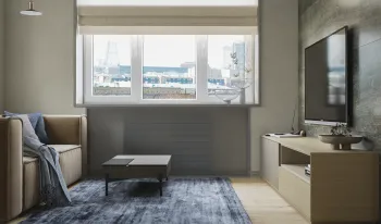 Интерьер гостиной с жалюзи и дверными жалюзи  смотреть на Basicdecor