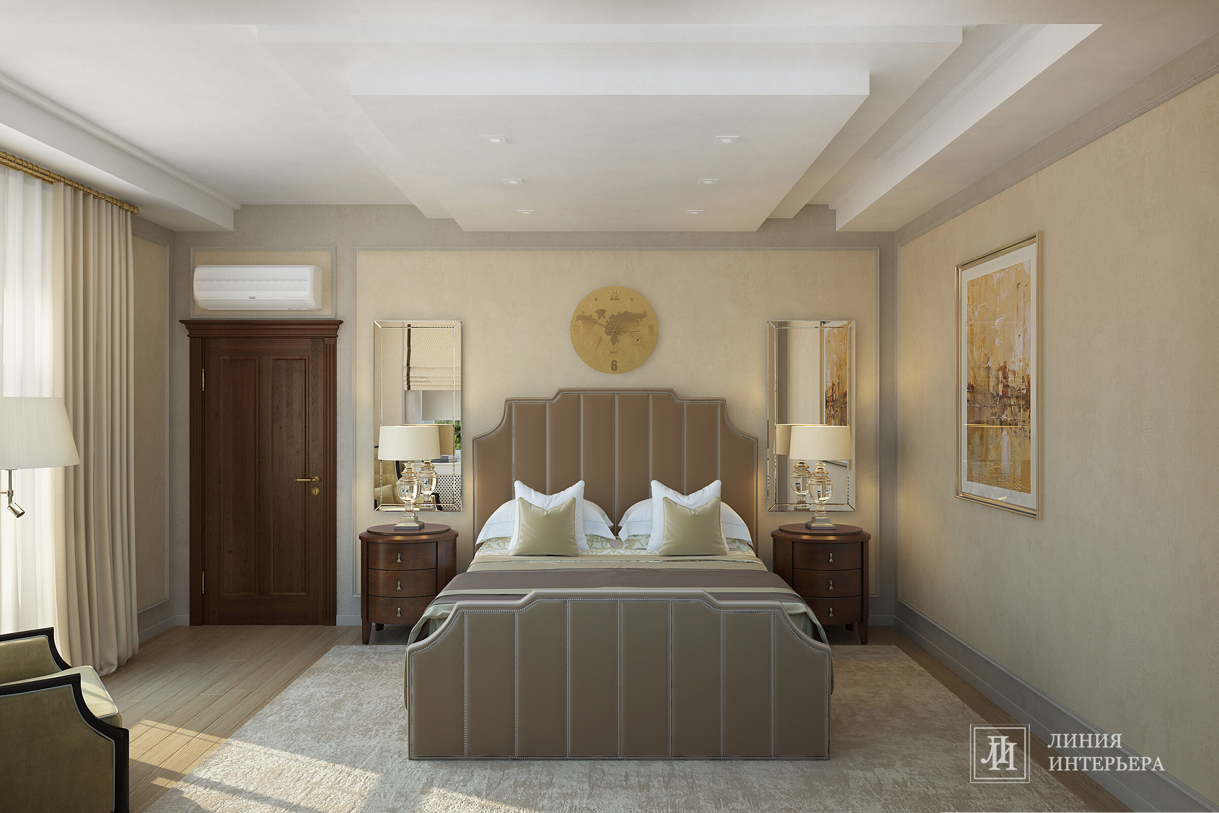 Интерьер спальни cветильниками над кроватью в неоклассике, в классическом стиле и в стиле кантри