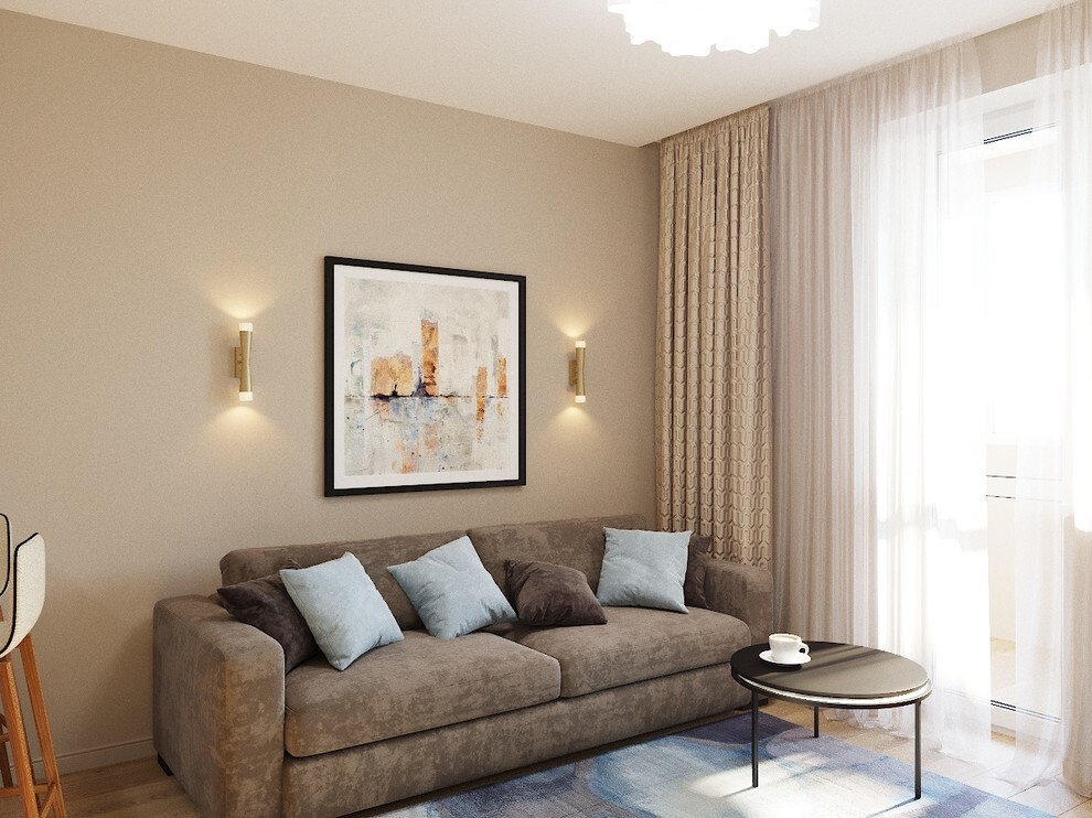 Интерьер гостиной cветовыми линиями, подсветкой настенной и подсветкой светодиодной в современном стиле