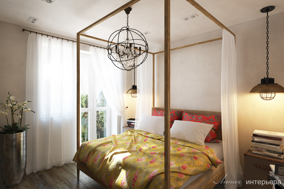 Интерьер спальни с кроватью под потолком и светильниками над кроватью в стиле лофт и тропическом