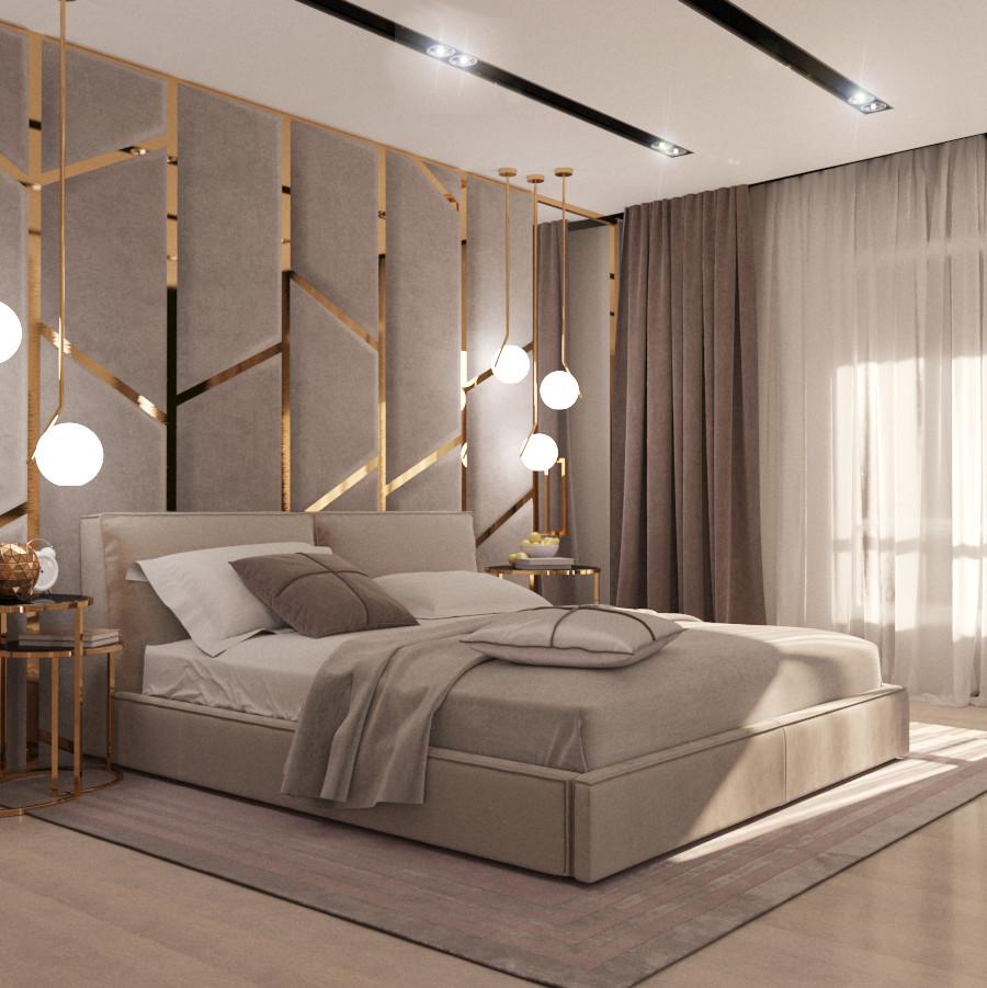 Интерьер спальни cветильниками над кроватью в стиле фьюжн