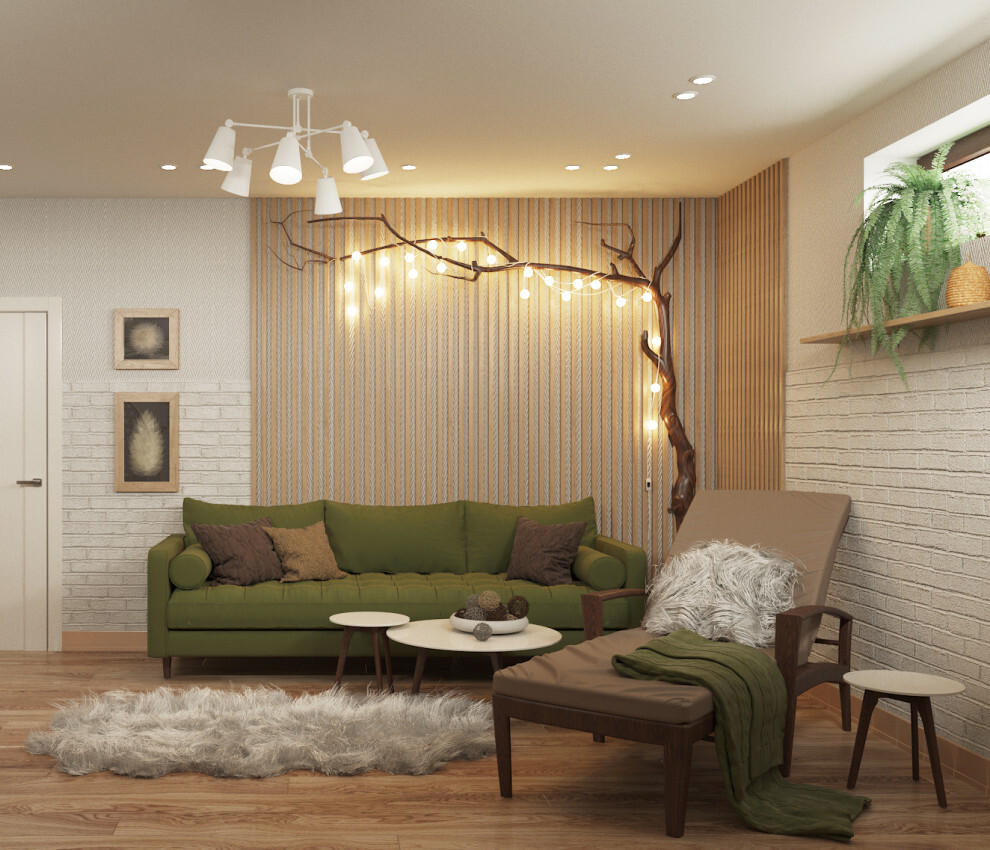 Интерьер гостиной cветовыми линиями, рейками с подсветкой и подсветкой светодиодной в скандинавском стиле