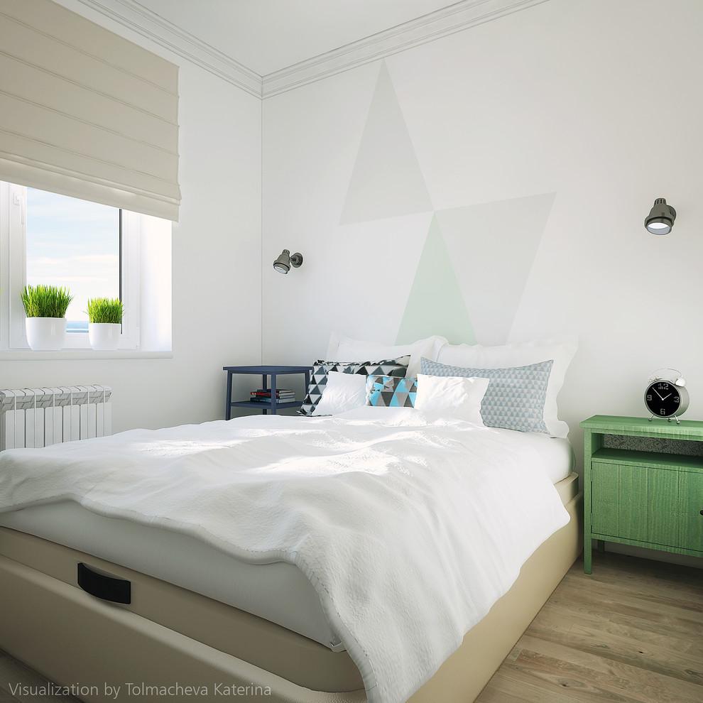 Интерьер спальни с жалюзи в скандинавском стиле