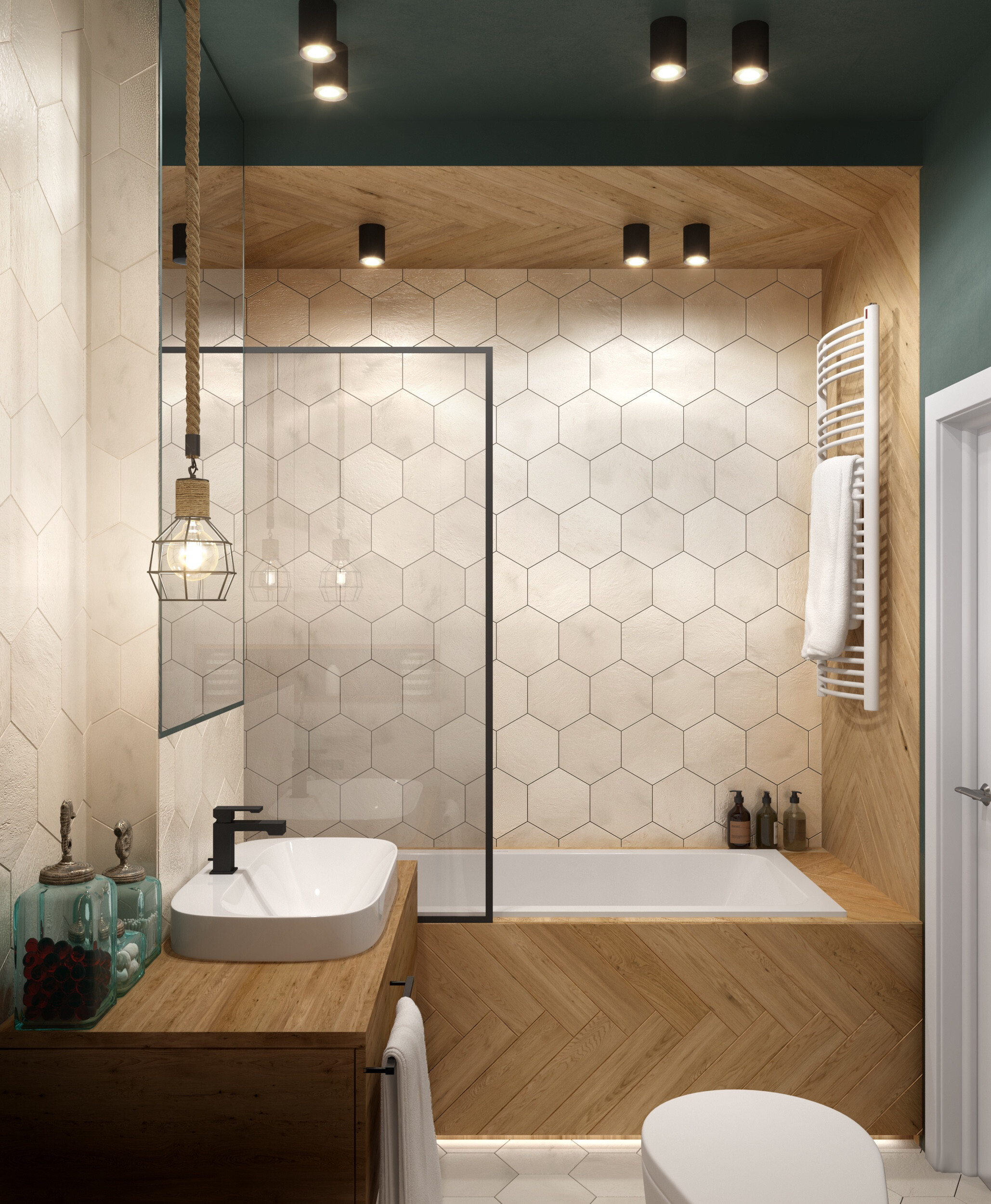 Интерьер ванной с душевой из плитки в современном стиле и в стиле лофт