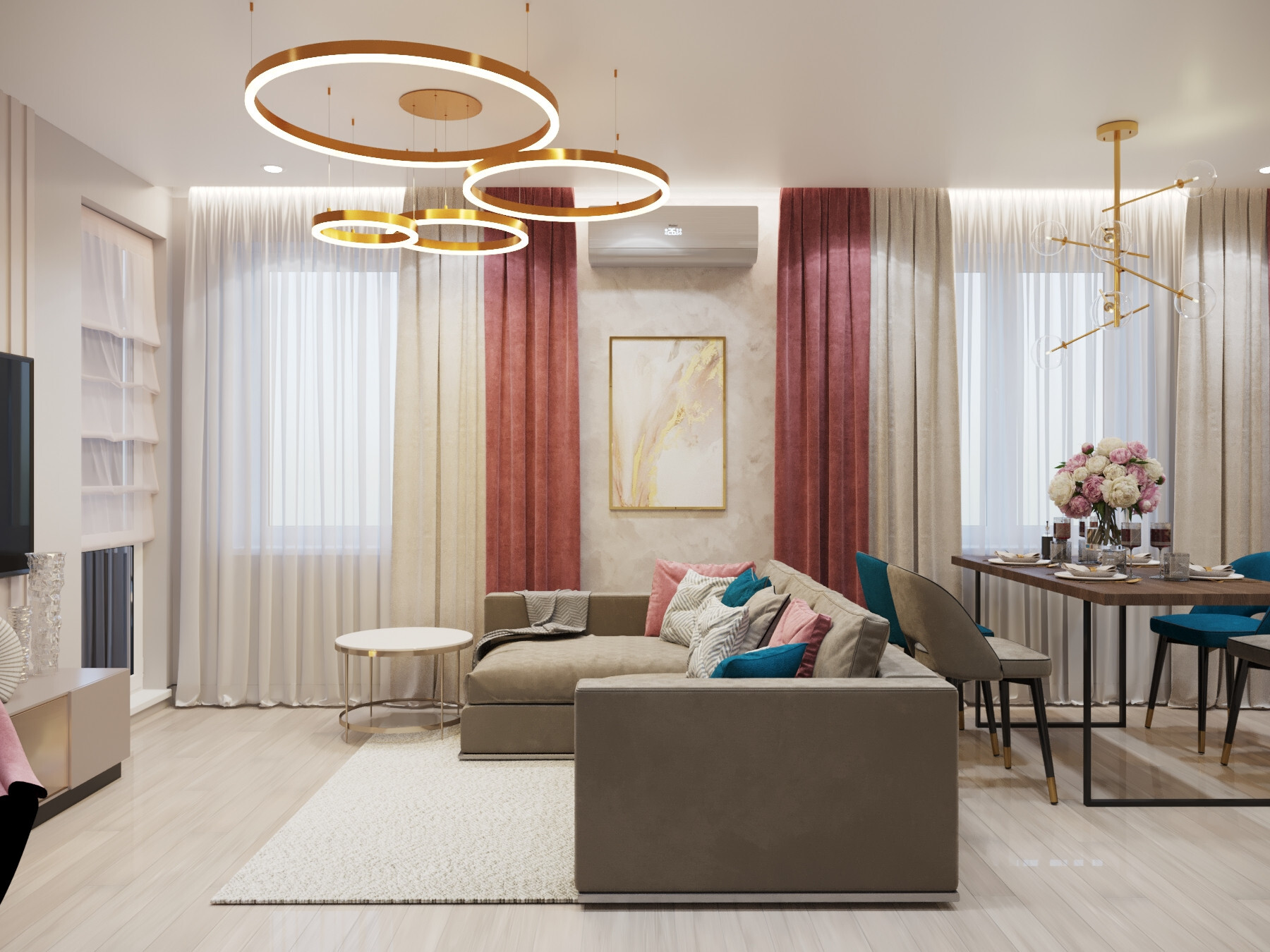 Интерьер гостиной с аркой и подсветкой светодиодной в современном стиле