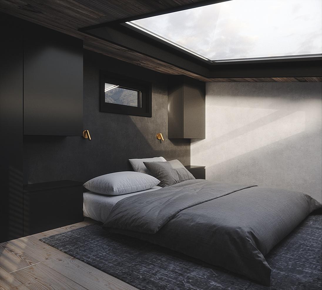 Интерьер спальни с окном и светильниками над кроватью в стиле лофт