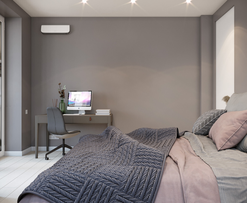 Интерьер спальни c рабочим местом, световыми линиями и подсветкой светодиодной в неоклассике