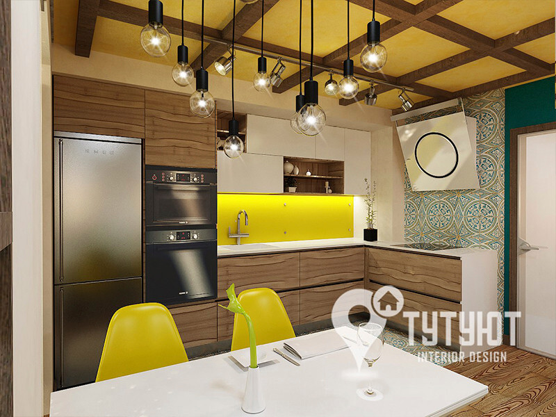 Интерьер кухни cветильниками над столом, подсветкой светодиодной, подсветкой рабочей зоны и с подсветкой в современном стиле