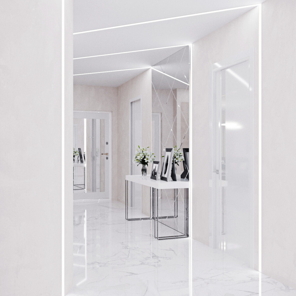 Интерьер прихожей cветовыми линиями, зеркалом на двери, рейками с подсветкой и подсветкой светодиодной в современном стиле