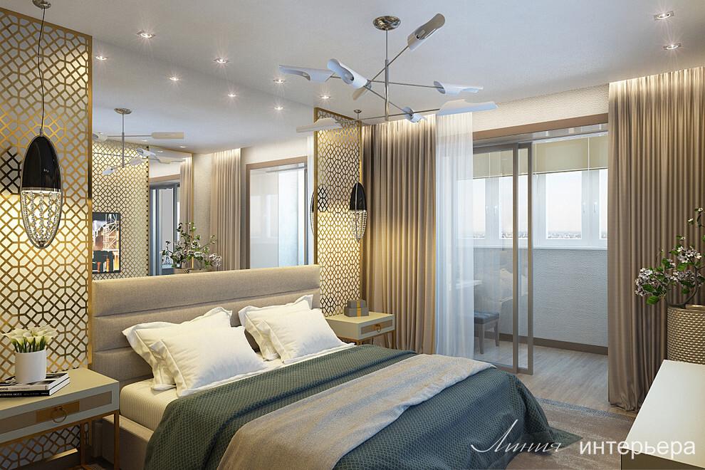 Интерьер спальни cветовыми линиями и светильниками над кроватью в современном стиле