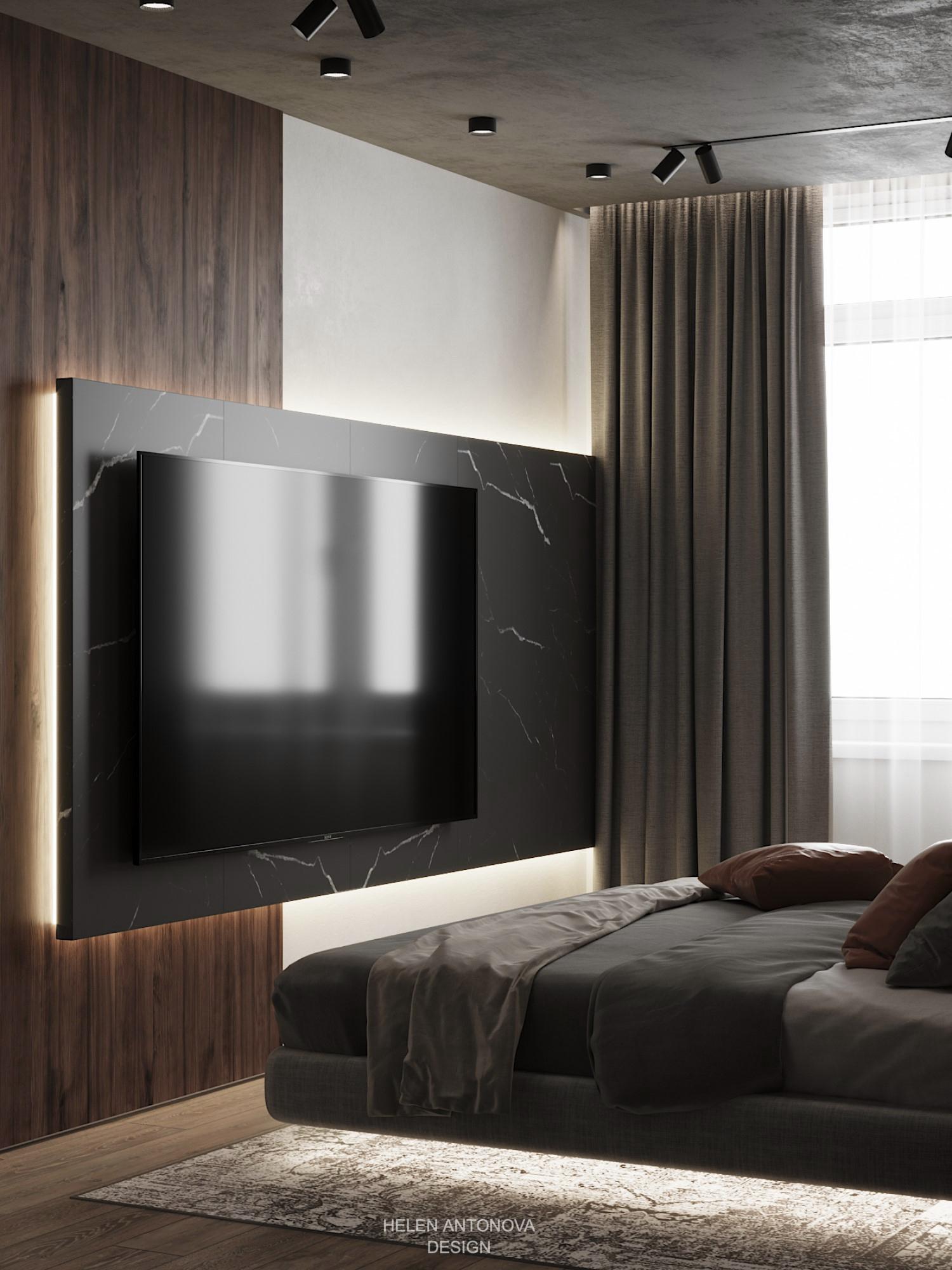 Интерьер спальни с нишей с подсветкой, панно за телевизором, стеной с телевизором, телевизором на стене, нишей для телевизора, керамогранитом на стену с телевизором, подсветкой настенной, подсветкой светодиодной и с подсветкой