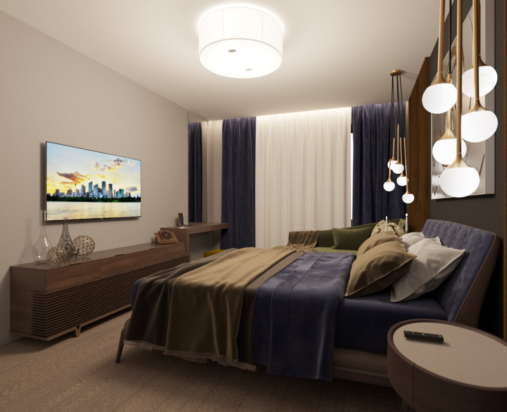 Интерьер спальни cветовыми линиями, рейками с подсветкой, подсветкой настенной, подсветкой светодиодной, светильниками над кроватью и с подсветкой в современном стиле