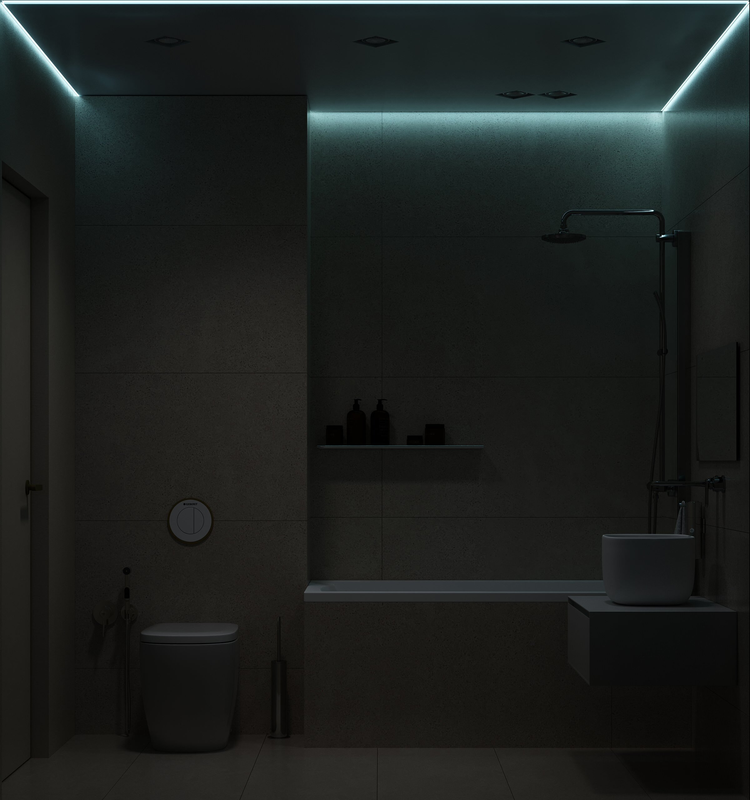 Интерьер ванной cветовыми линиями, рейками с подсветкой, подсветкой настенной, подсветкой светодиодной и с подсветкой в современном стиле