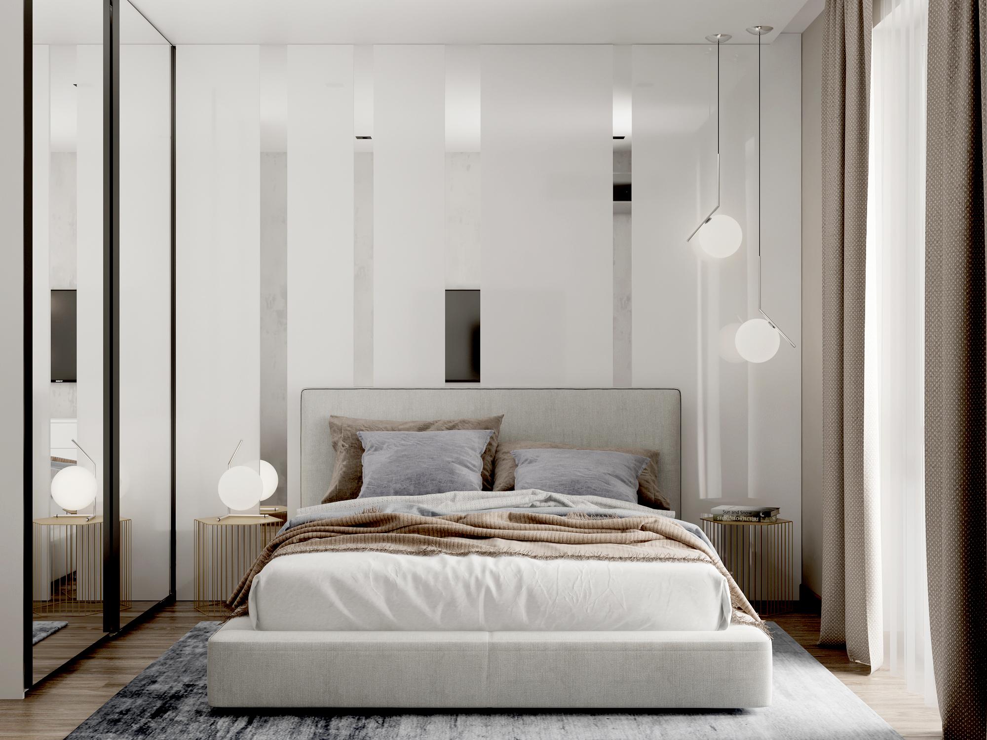 Интерьер спальни с подсветкой светодиодной и светильниками над кроватью