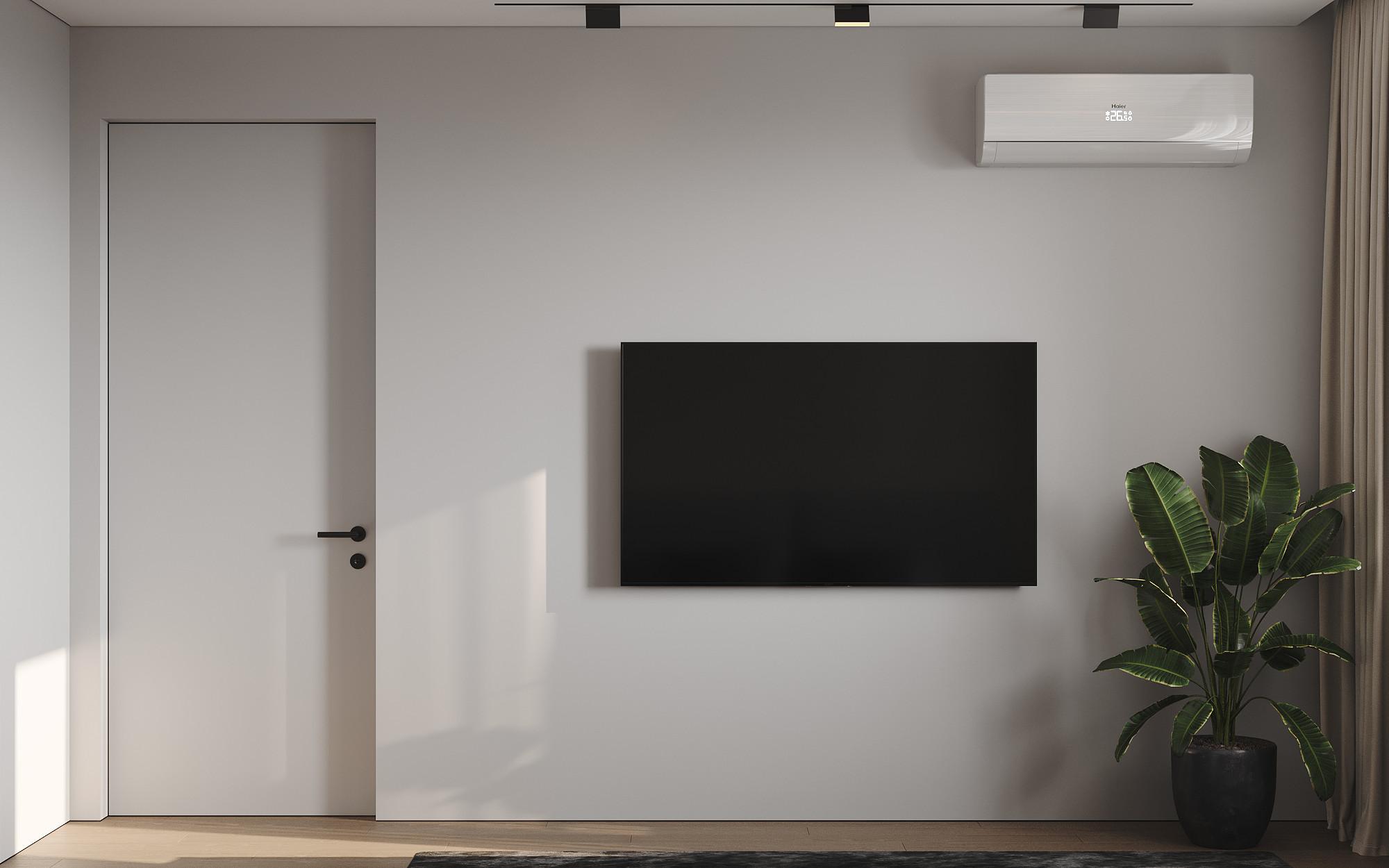 Интерьер cтеной с телевизором, телевизором на рейках и телевизором на стене в современном стиле