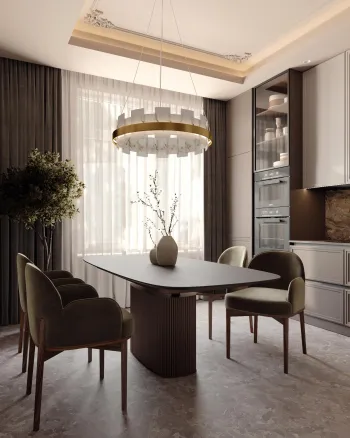 Интерьер кухни cветильниками над столом  смотреть на Basicdecor