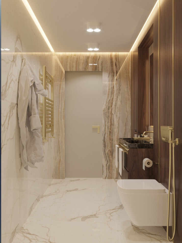 Интерьер ванной с подсветкой светодиодной в неоклассике