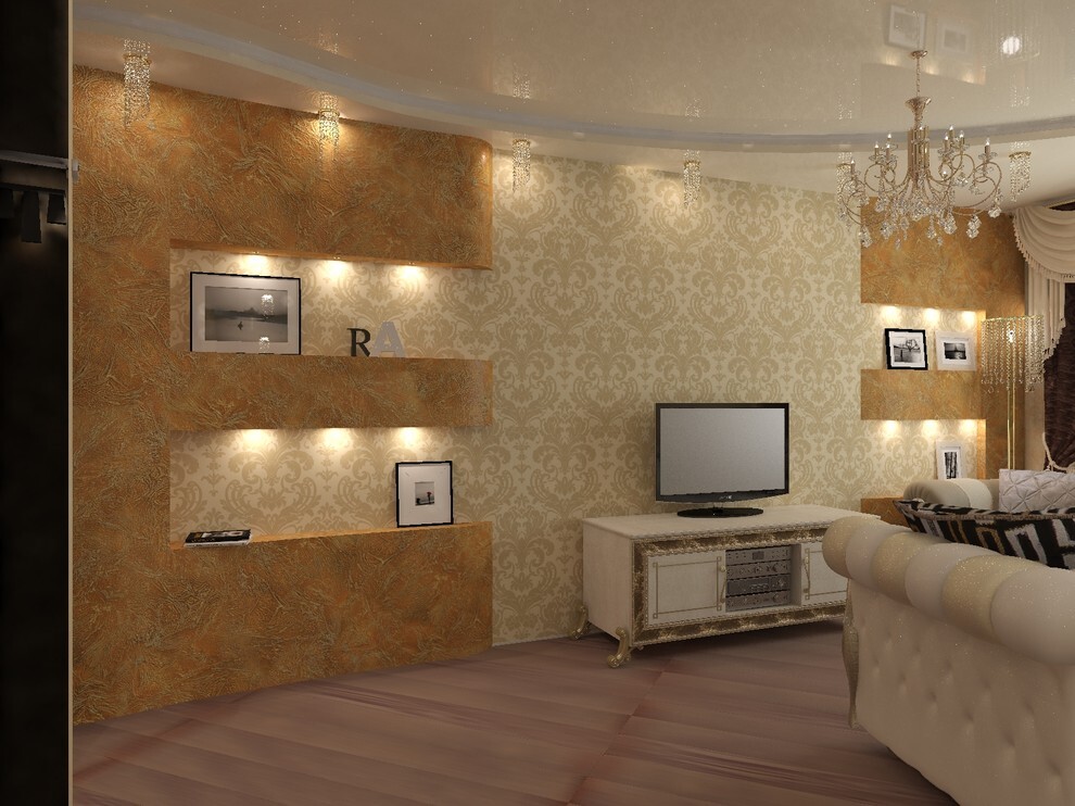 Интерьер гостиной с нишей с подсветкой, подсветкой настенной, подсветкой светодиодной и с подсветкой в классическом стиле