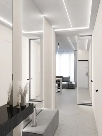 Интерьер прихожей с нишей с подсветкой, световыми линиями, подсветкой светодиодной и с подсветкой  смотреть на Basicdecor