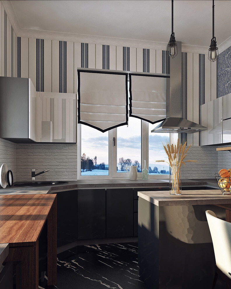 Интерьер кухни с жалюзи, вертикальными жалюзи и дверными жалюзи в современном стиле