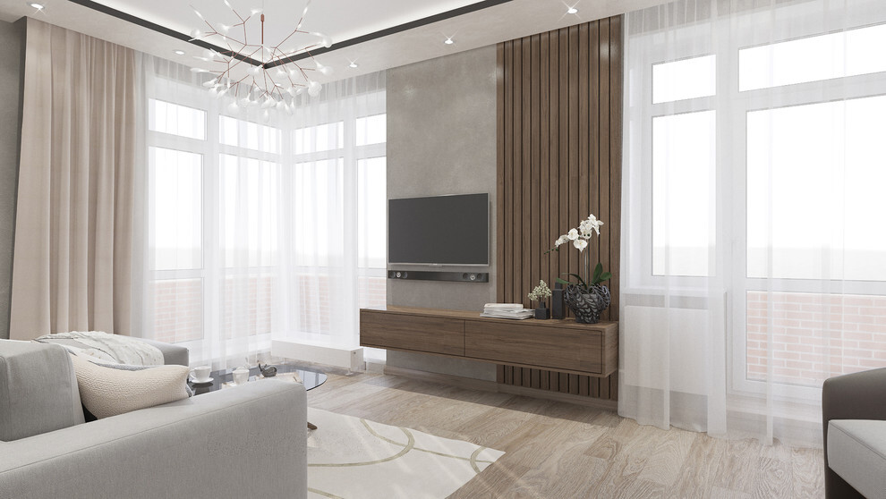 Интерьер гостиной с зонированием рейками, телевизором на рейках, вертикальными жалюзи и рейками с подсветкой в современном стиле