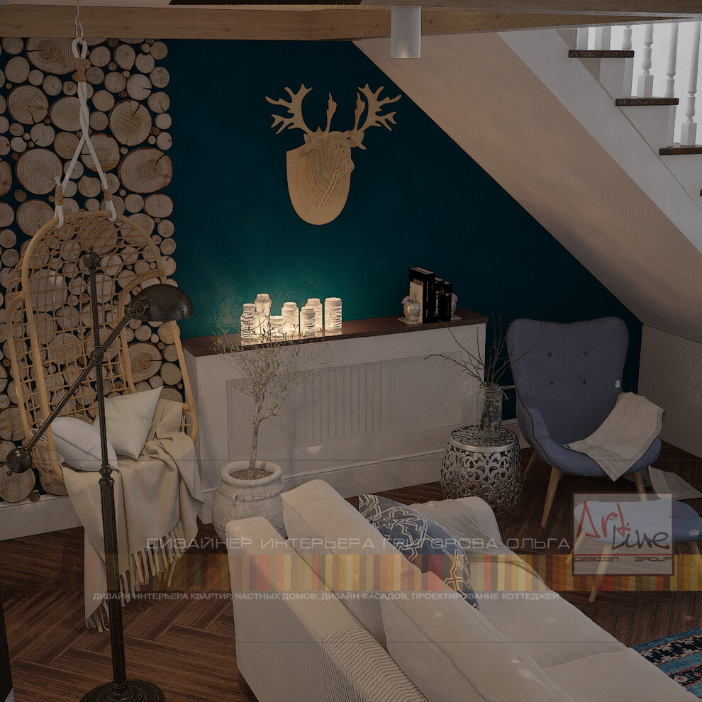 Интерьер гостиной с в деревянном доме и сауной в стиле лофт