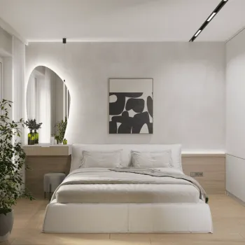 Интерьер спальни cветильниками над кроватью и с подсветкой  смотреть на Basicdecor