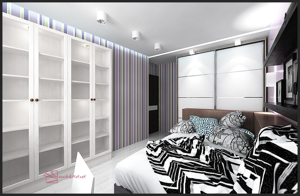 Интерьер спальни с зонированием, проходной, гардеробной зой кроватью, зонированием шторами и кроватью у двери в современном стиле
