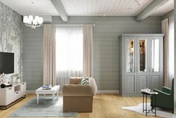 Интерьер гостиной с в деревянном доме  смотреть на Basicdecor