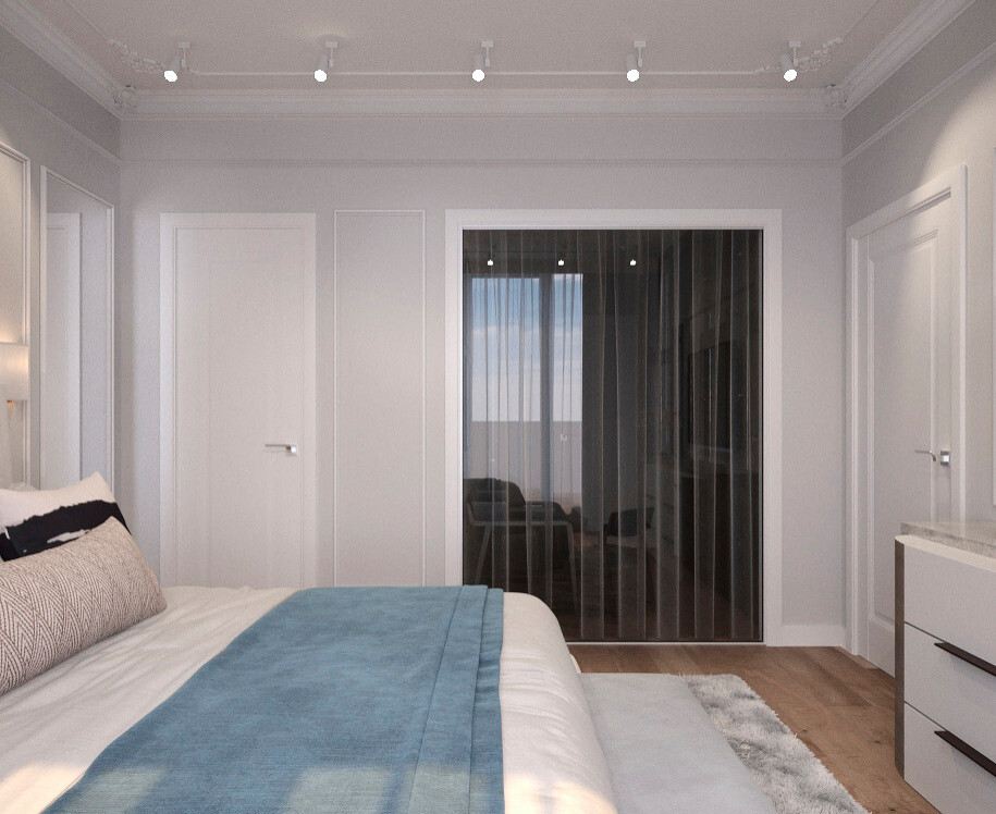 Интерьер спальни cветовыми линиями, рейками с подсветкой, подсветкой настенной и подсветкой светодиодной в классическом стиле