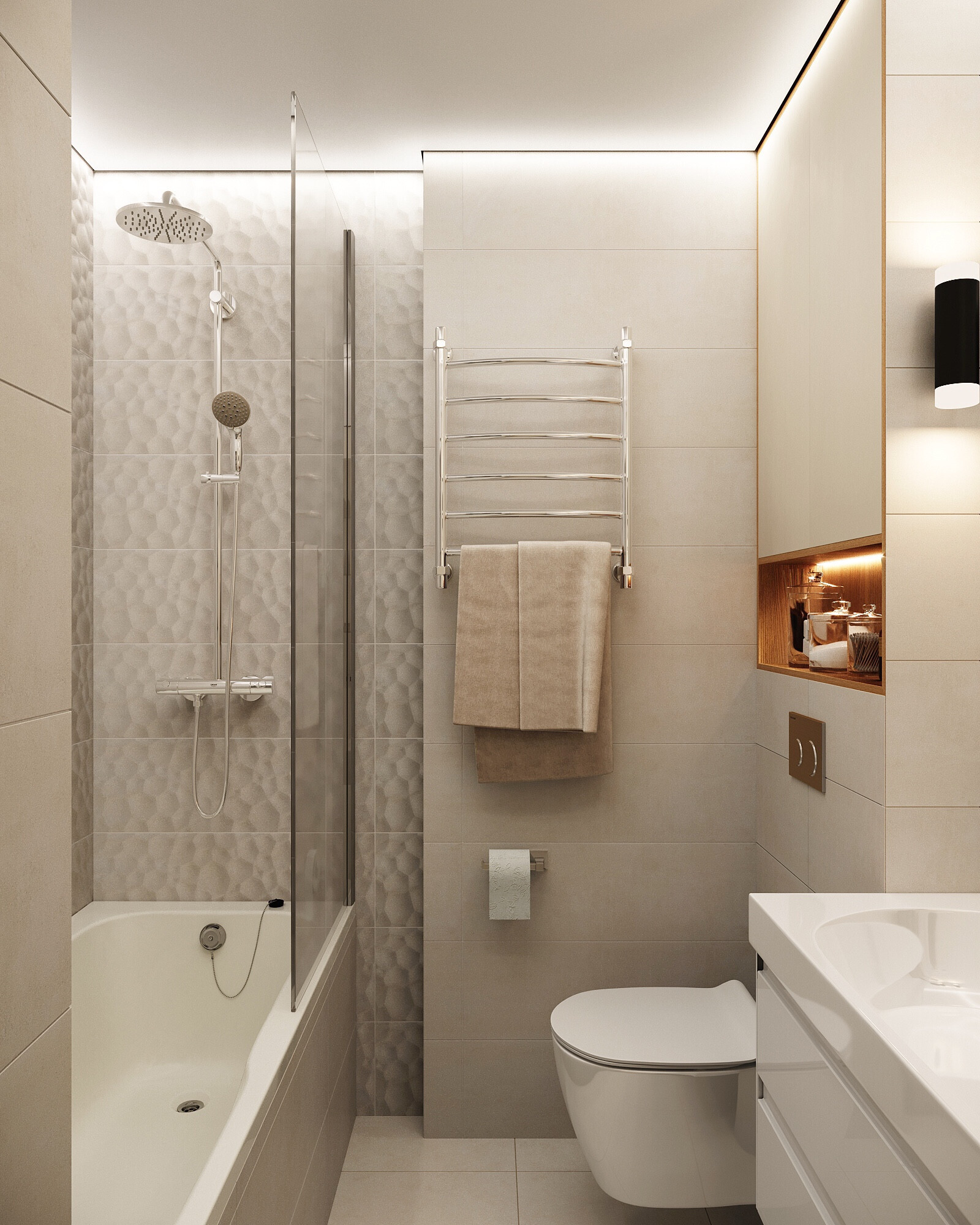 Интерьер ванной с душевой из плитки и совмещенным санузлом в современном стиле и в стиле лофт