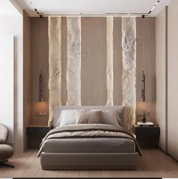 Интерьер спальни с акцентными обоями за кроватью  смотреть на Basicdecor